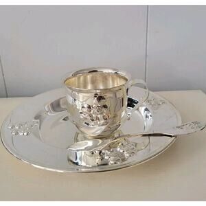 Godinger Silver Childs Teddy Bear Plate Spoon and Training Cup Set